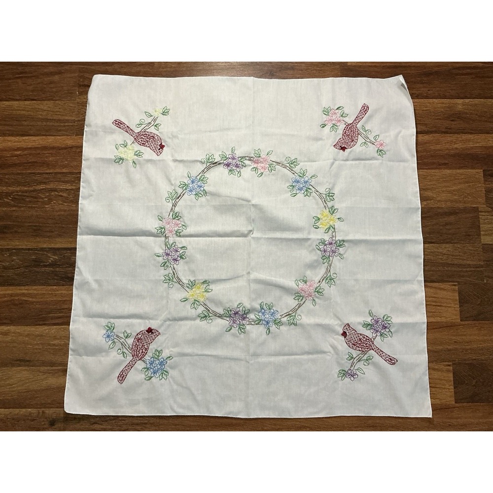 Vtg Hand Embroidered Floral & Red Cardinal Tablecloth/Linen 33"
